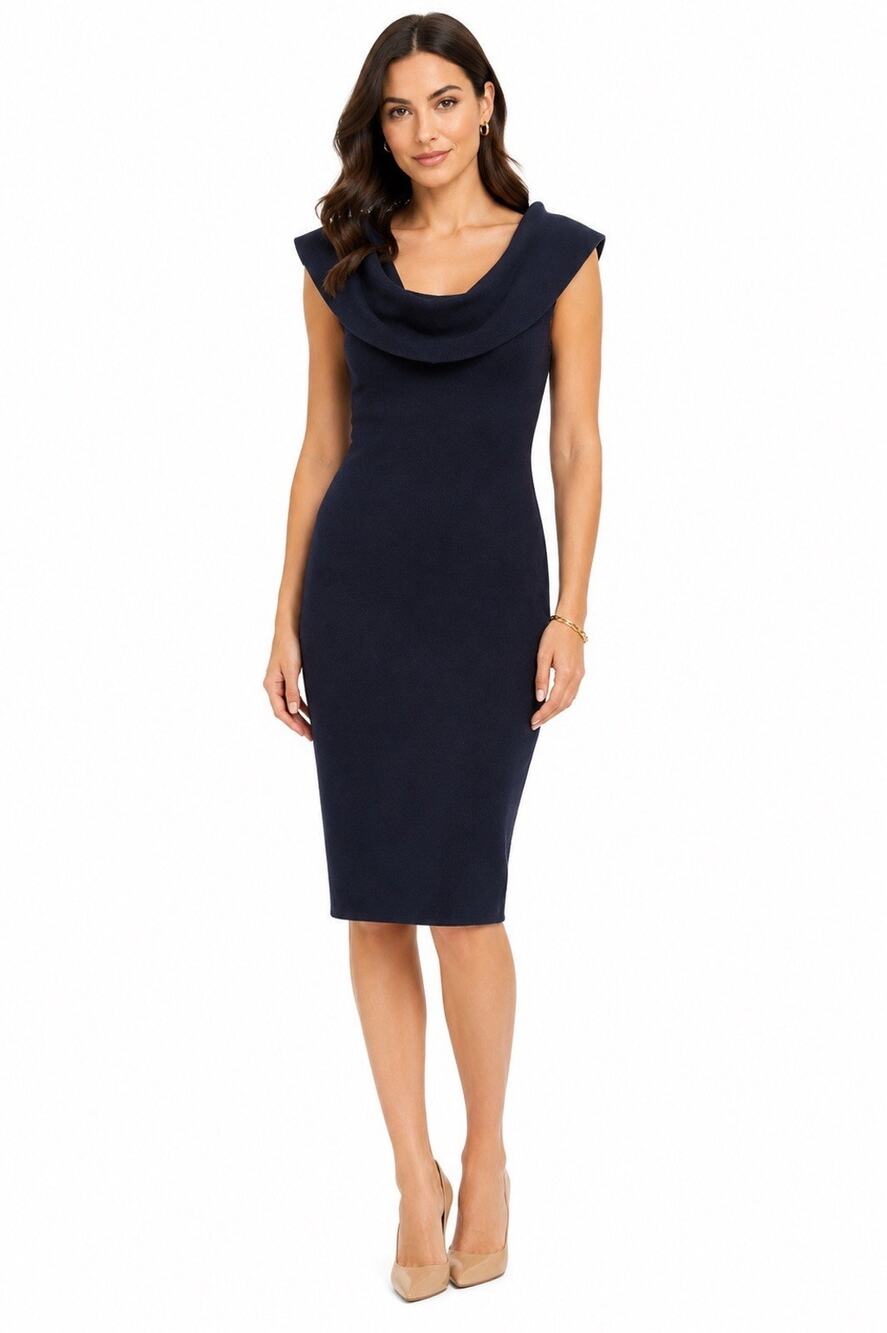 Elie Tahari Navy Knit Sheath Dress Draped Cowl Neck Sleeveless Career Cocktail